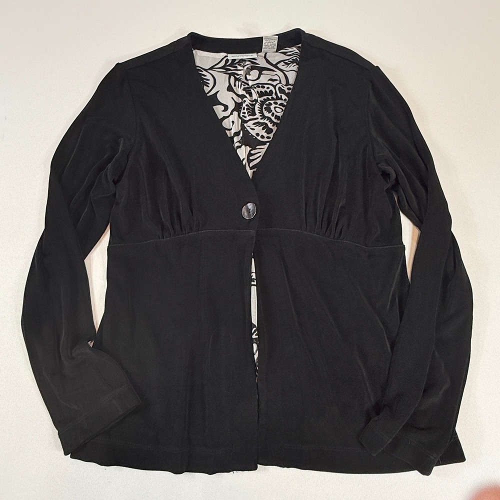 Chicos Travelers Sz 1 Medium Black Long Sleeve Button Front Cardigan Slinky